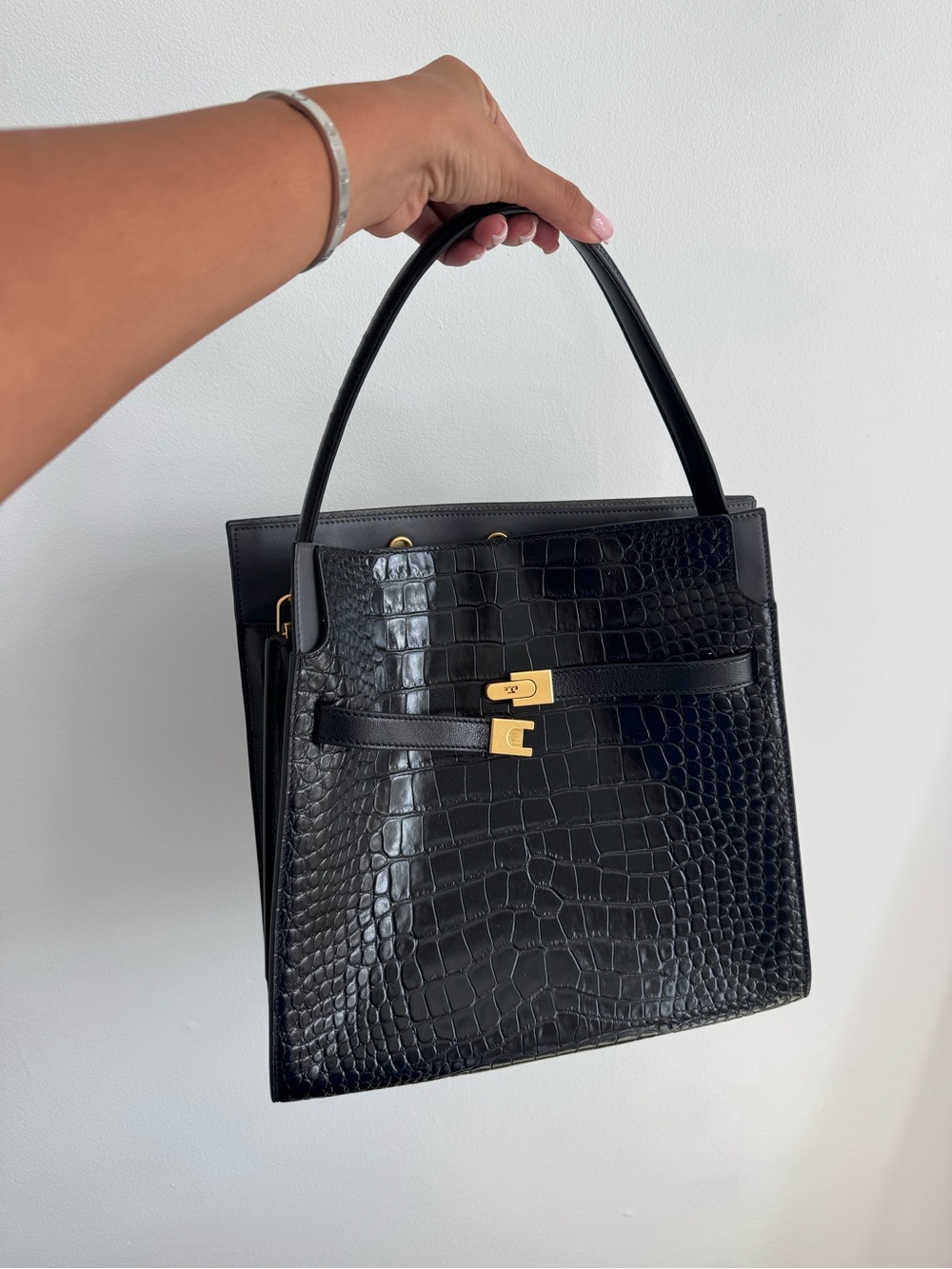 Tory Burch Black Croc-Embossed Top Handle Satchel with Gold Hardware
